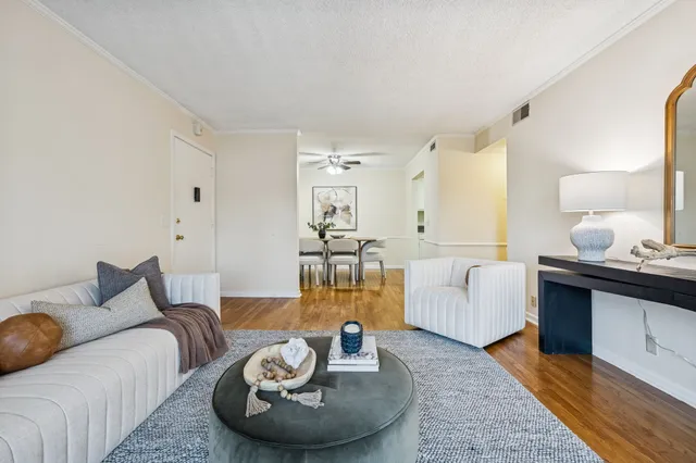 a living room with furniture and a wooden floor