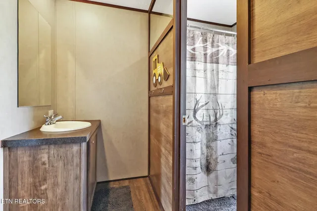 a bathroom with a sink and a mirror