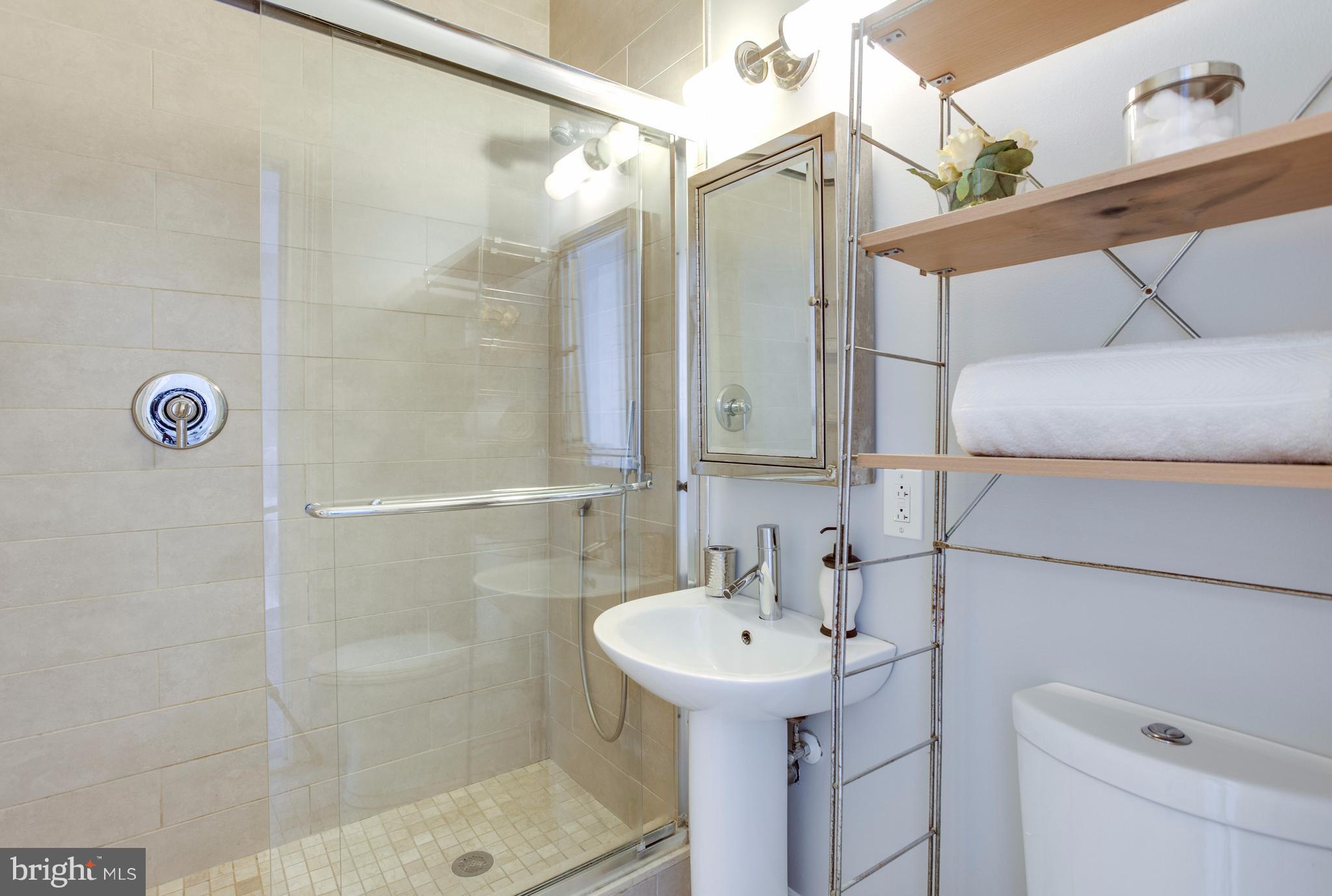 1523 Park Road Northwest, Unit 202 Washington, DC 20010 - Photo 12 of 13 a bathroom with a sink a mirror and shower