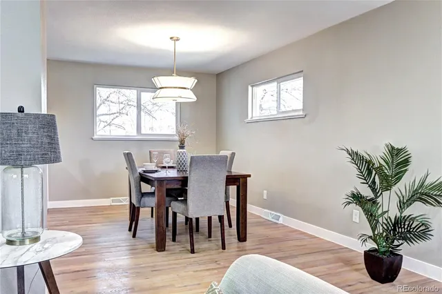 a dining room with furniture potted plants and wooden floor