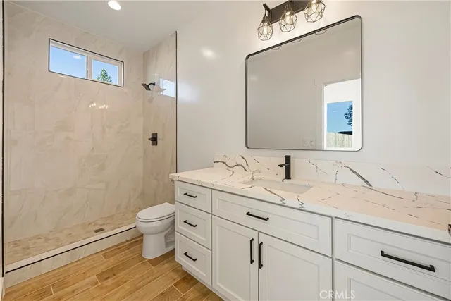 a bathroom with a granite countertop sink toilet and shower