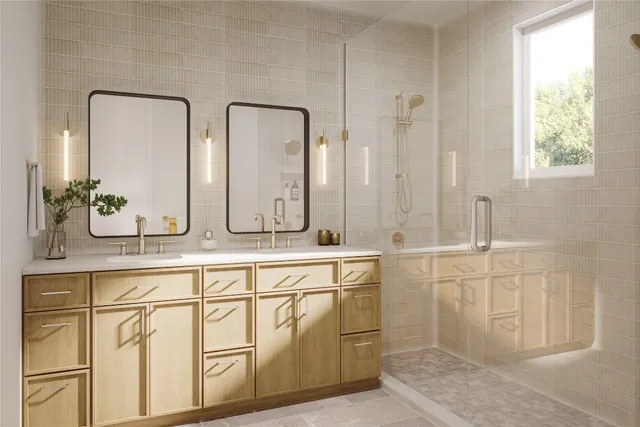 a bathroom with double vanity two mirror and a shower