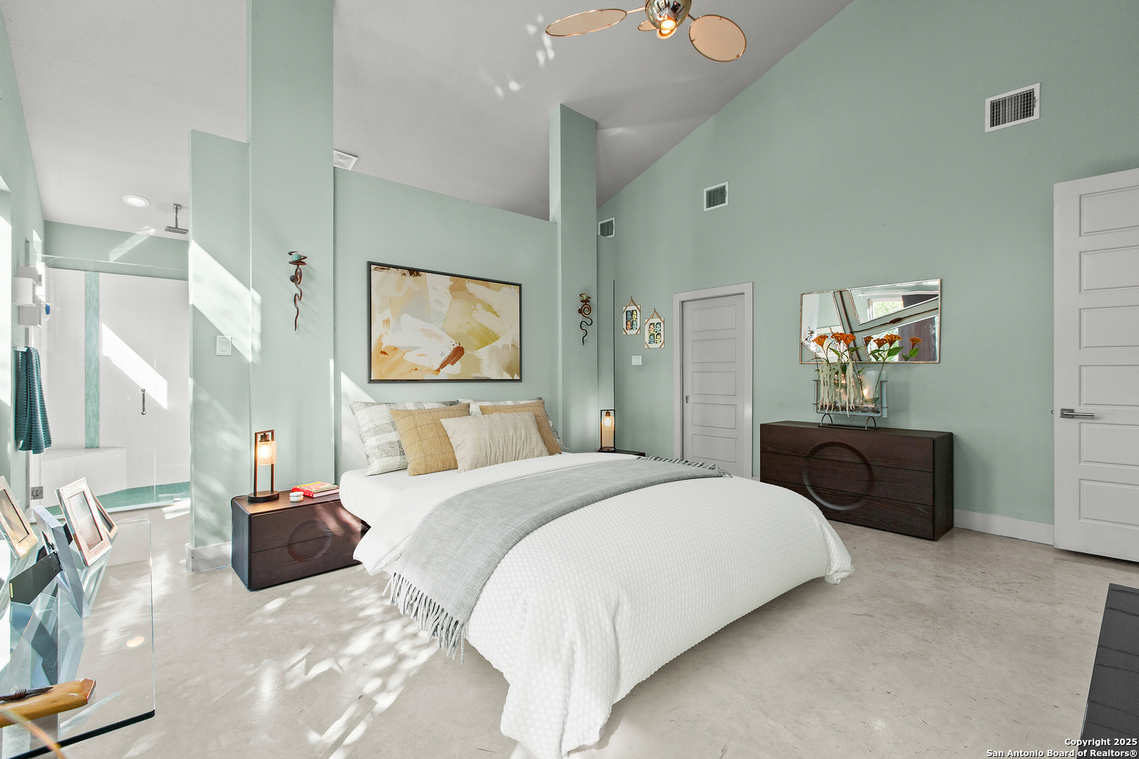 1280 Stoney Ridge Road Bulverde, TX 78163 - Photo 20 of 25 a bedroom with a bed large window and painting on the wall