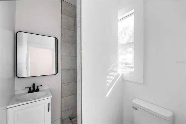 a bathroom with a toilet sink vanity and mirror