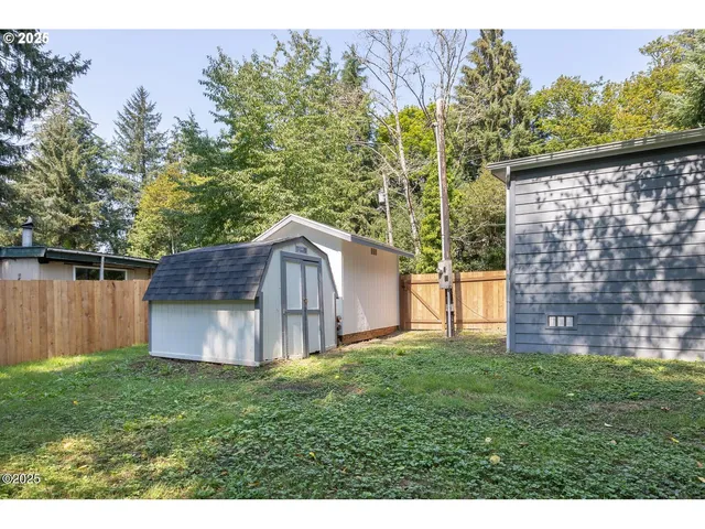 a view of a back yard of the house with a large tree and wooden fence