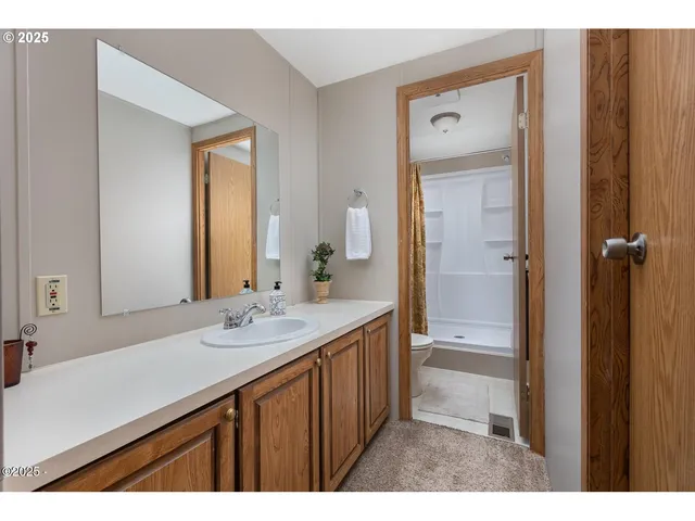 a bathroom with a sink a mirror and a shower