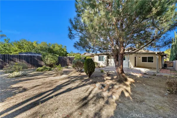 a view of a backyard with large trees