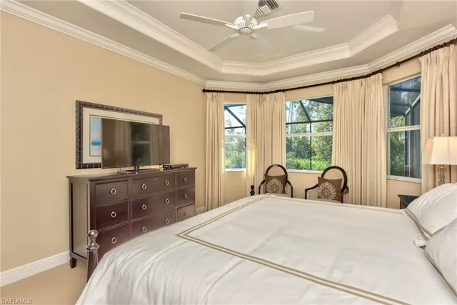 a bedroom with a large bed and a flat tv screen on dresser