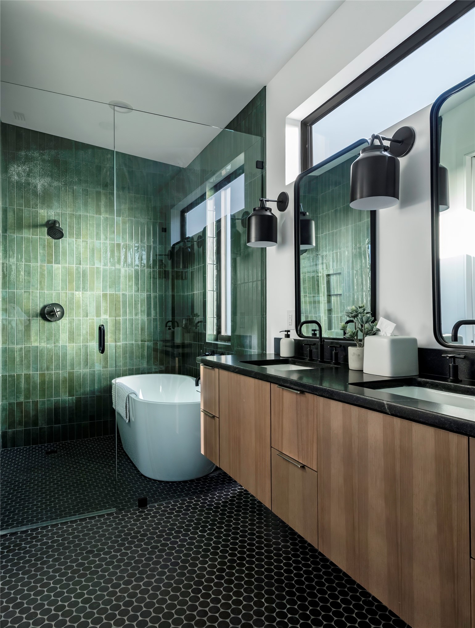 310 Hye Springs Road, Unit 107 Hye, TX 78635 - Photo 7 of 20 Elegant primary bath with dual vanities, custom cabinetry, and striking designer tile throughout the wet room.