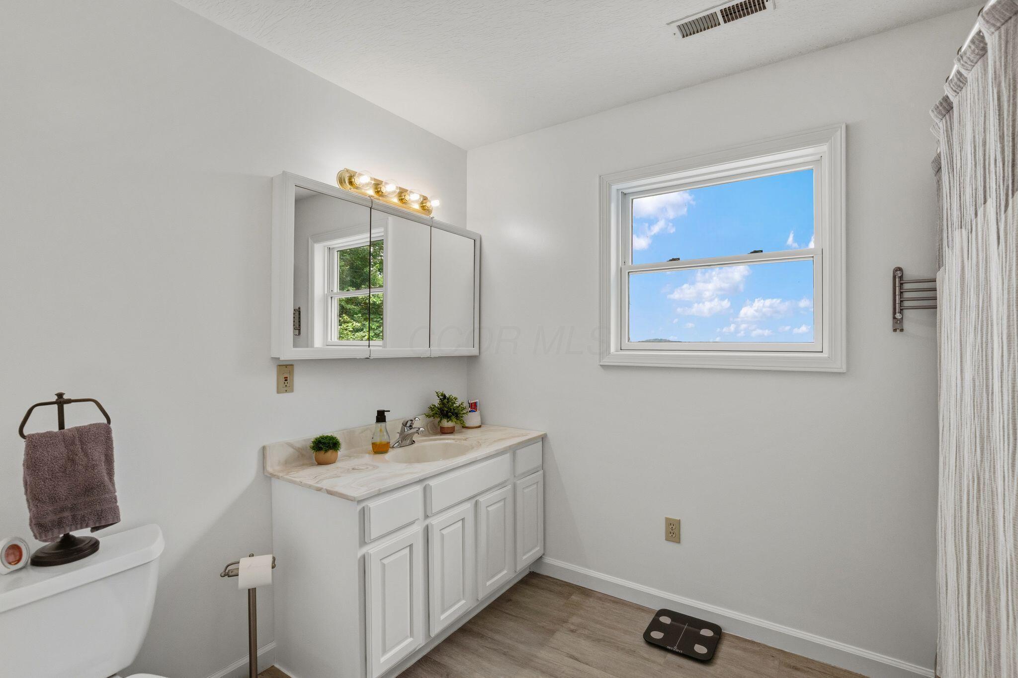 10446 Rich Hollow Road Southwest Lancaster, OH 43130 - Photo 63 of 83 Bathroom featuring a white vanity with panel-front cabinetry, a stone-finish countertop, and a medicine cabinet with integrated lighting