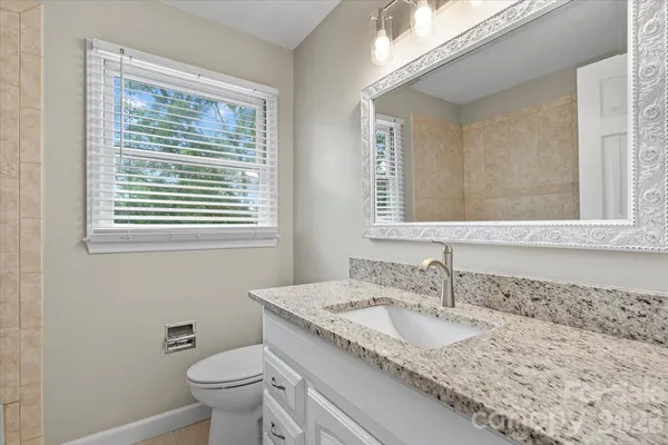 a bathroom with a granite countertop sink and a toilet