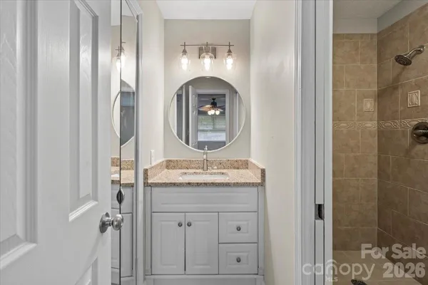 a bathroom with a granite countertop sink a mirror and shower