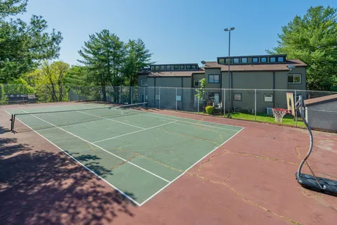 a view of a tennis ground with large trees