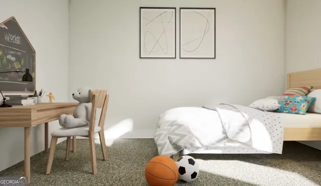 a bedroom with a bed and a mirror