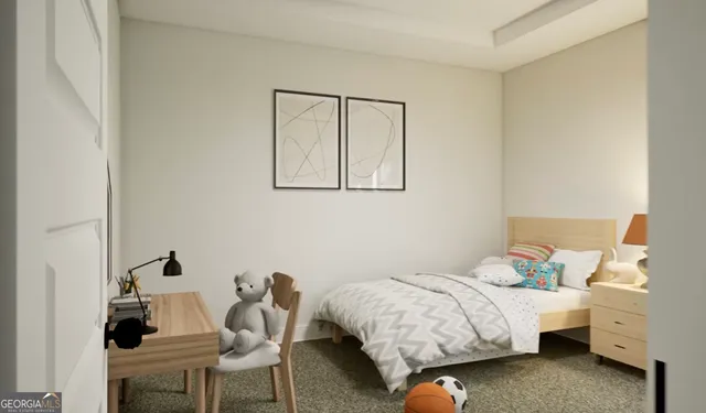 a bedroom with a bed and a lamp on the dresser