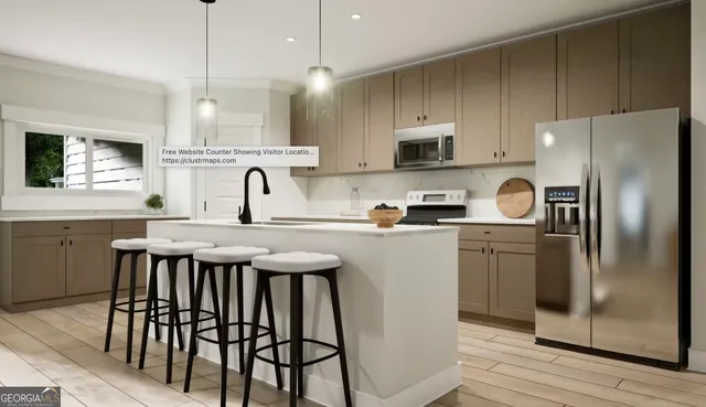 a kitchen with stainless steel appliances granite countertop a sink a stove a refrigerator cabinets and a dining table with wooden floor