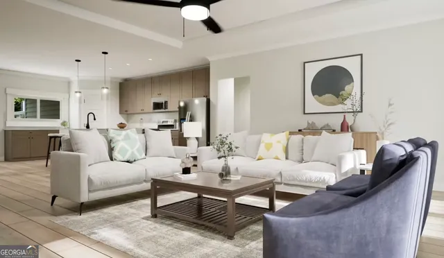 a living room with furniture and a fireplace