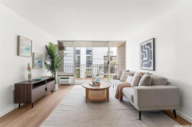 a living room with furniture and a potted plant