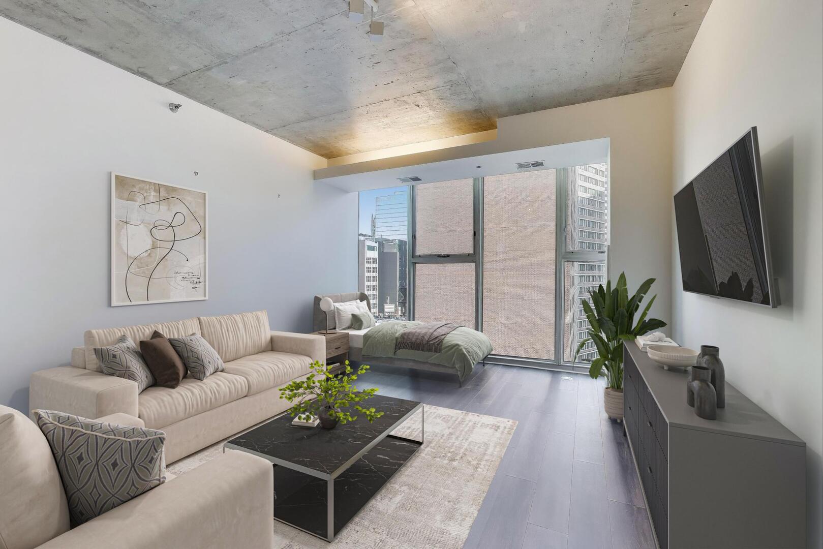 550 North St Clair Street, Unit 1303 Chicago, IL 60611 - Photo 8 of 20 a living room with furniture and a flat screen tv