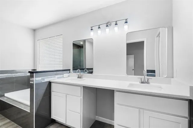 a bathroom with a double vanity sink and mirror