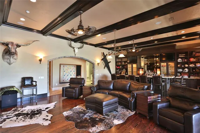 a outdoor living space with furniture and a fireplace