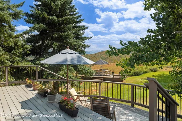 a view of a balcony with two chairs and a potted plant