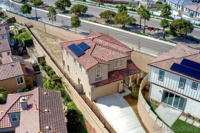 an aerial view of an buildings and street
