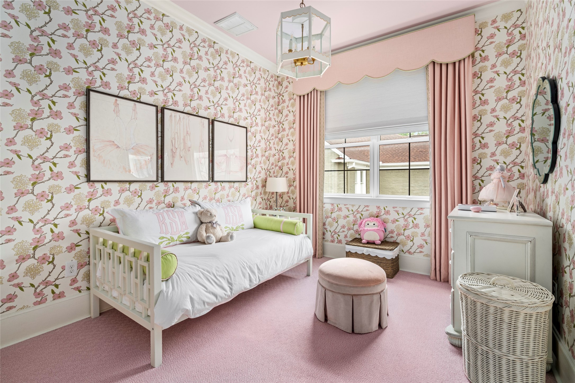 2216 Stanmore Drive Houston, TX 77019 - Photo 37 of 46 Delightful secondary bedroom with floral wallcovering, soft pink accents, custom window treatments, and a cheerful, tailored design.