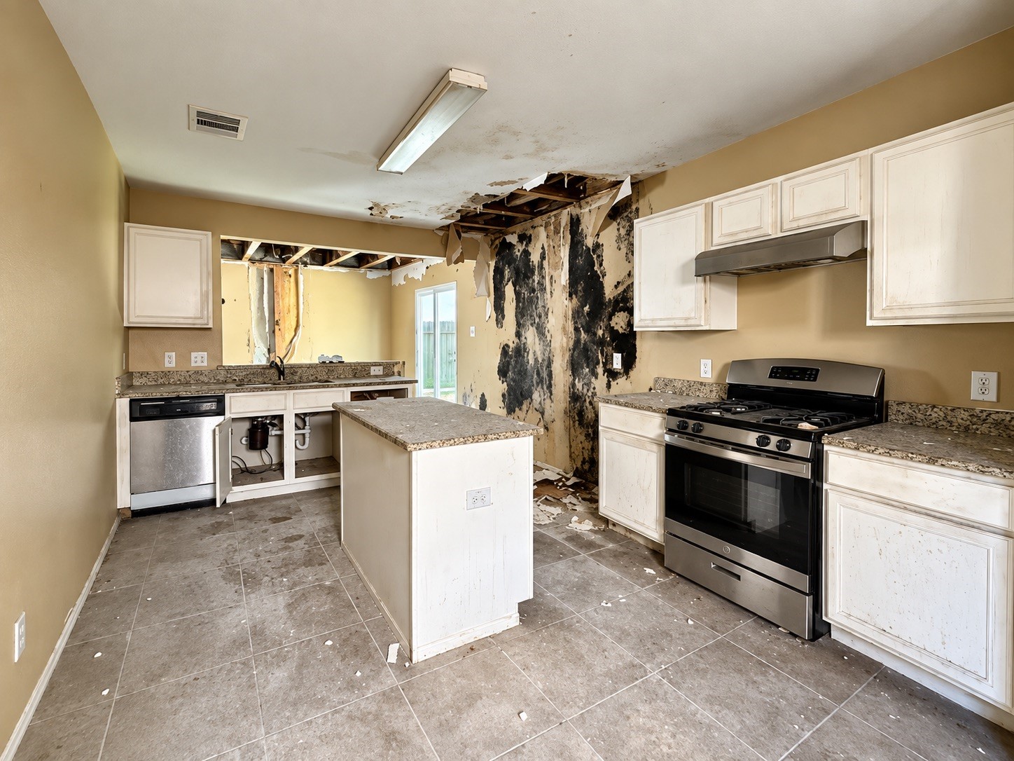 Additional kitchen view with center island, stainless appliances, and renovation needs