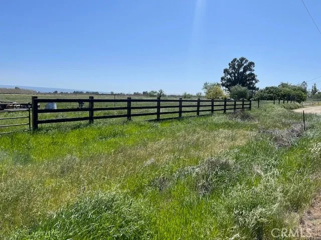 a view of a yard with wooden fence