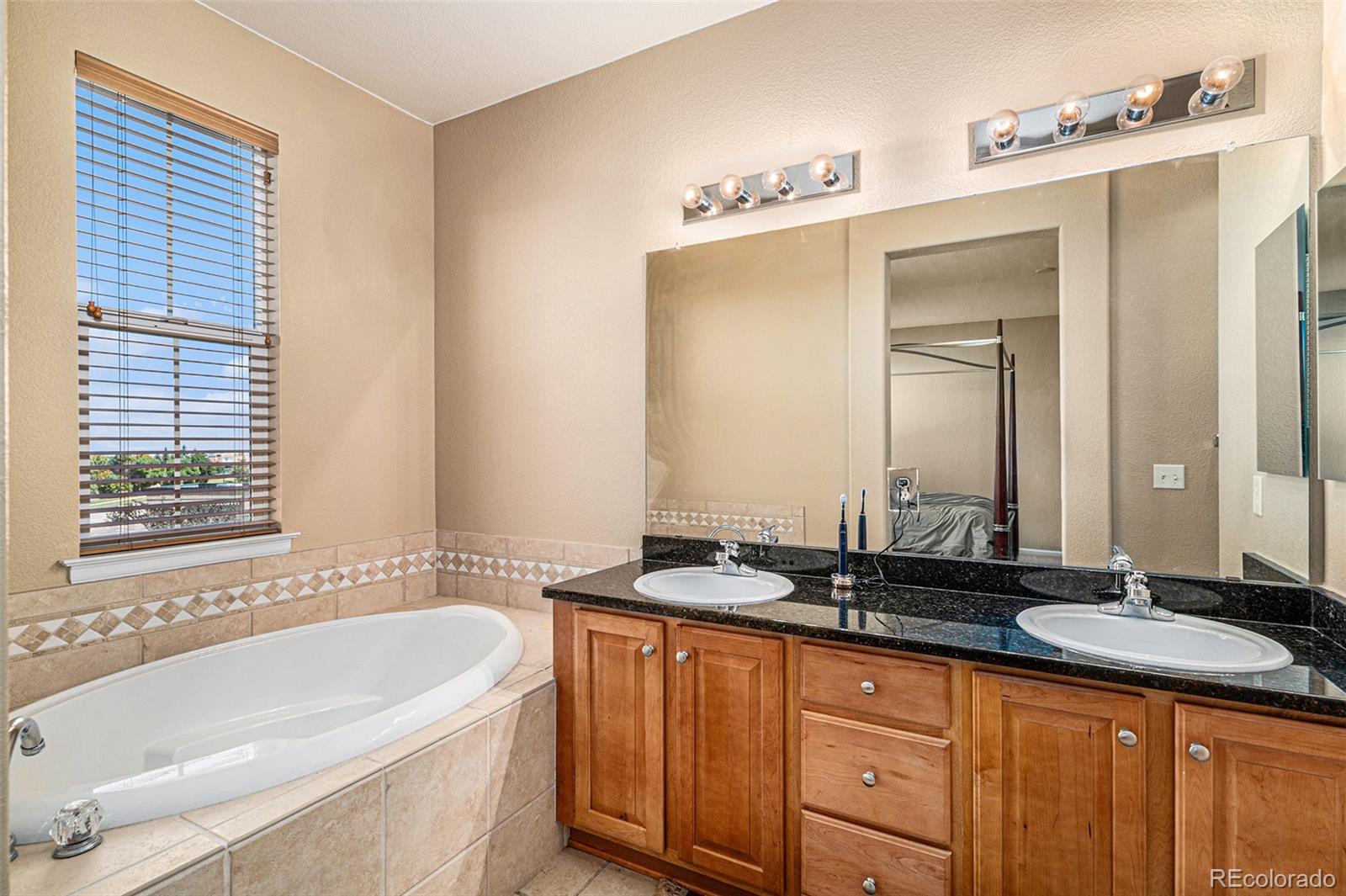 10515 Ashfield Street, Unit 1D Highlands Ranch, CO 80126 - Photo 32 of 39 a bathroom with a granite countertop tub sink and mirror