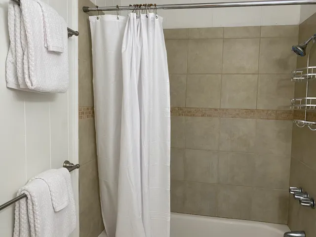 a bathroom with a shower and a tub