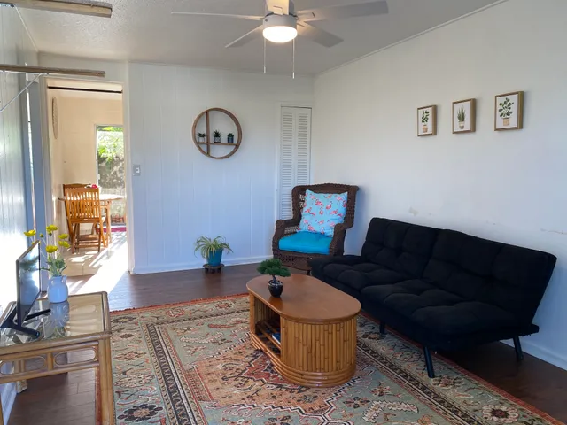 a living room with furniture and a rug