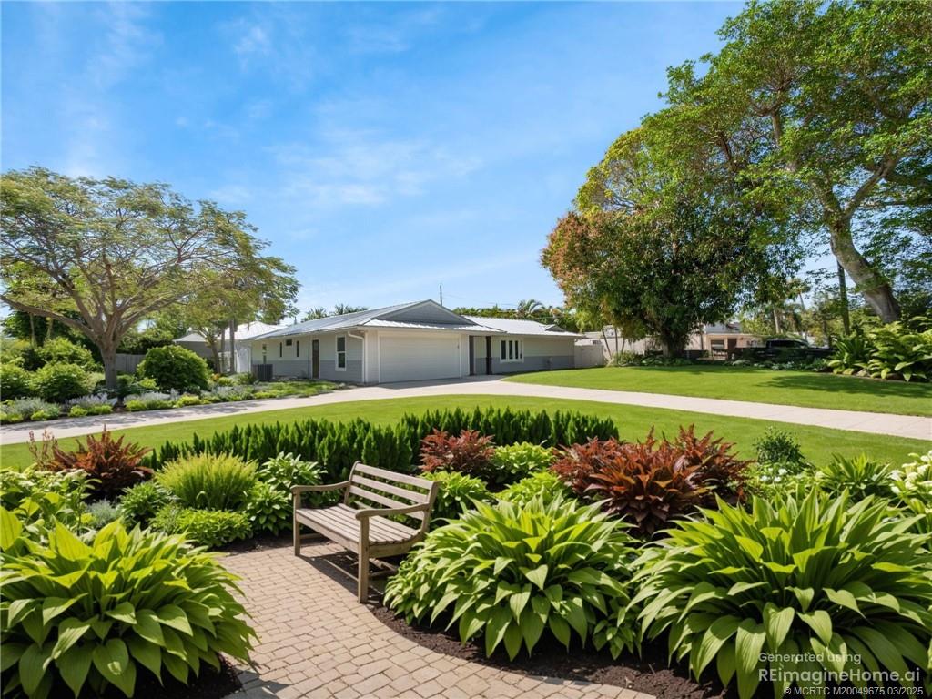 a view of a garden with a fountain