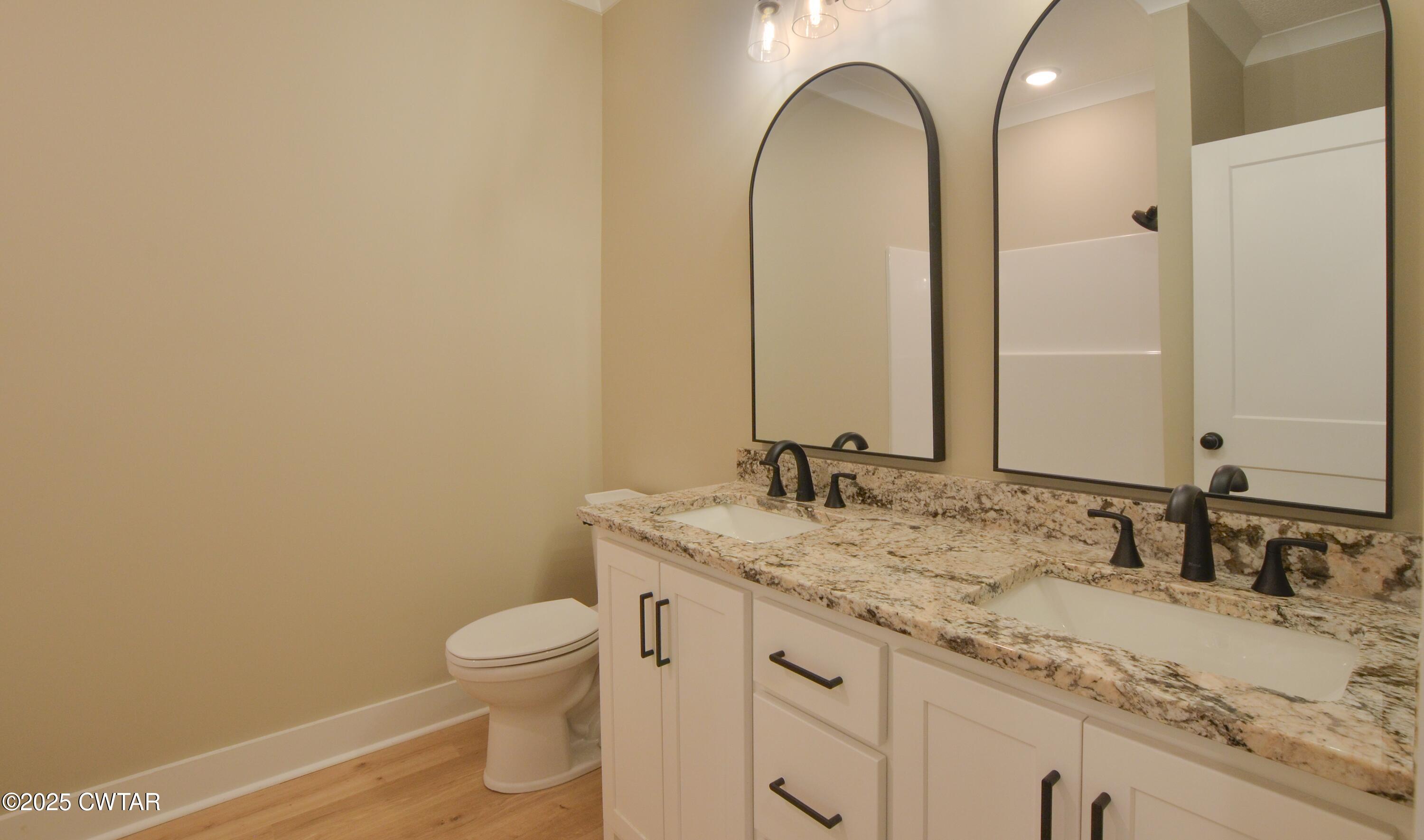 297 Marlow Cemetery Road Gadsden, TN 38337 - Photo 22 of 28 a bathroom with a granite countertop sink a toilet and a mirror