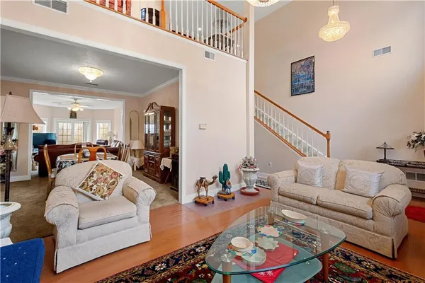 a view of a dining room with furniture