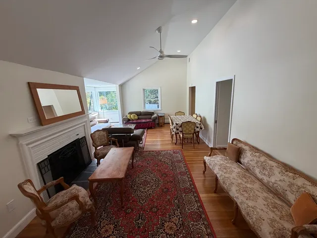 a living room with furniture or couch and a fireplace