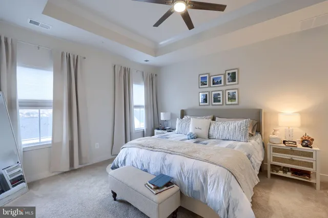 a bedroom with a bed and ceiling fan