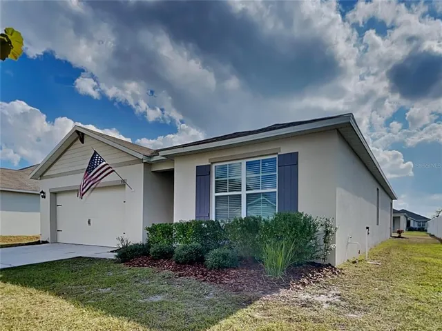 a backyard of a house with plants and large tree