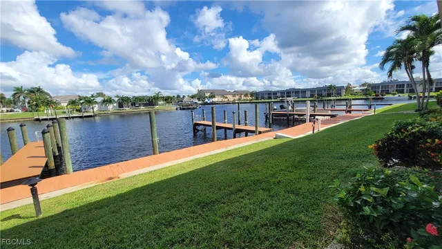 a view of a lake with a garden