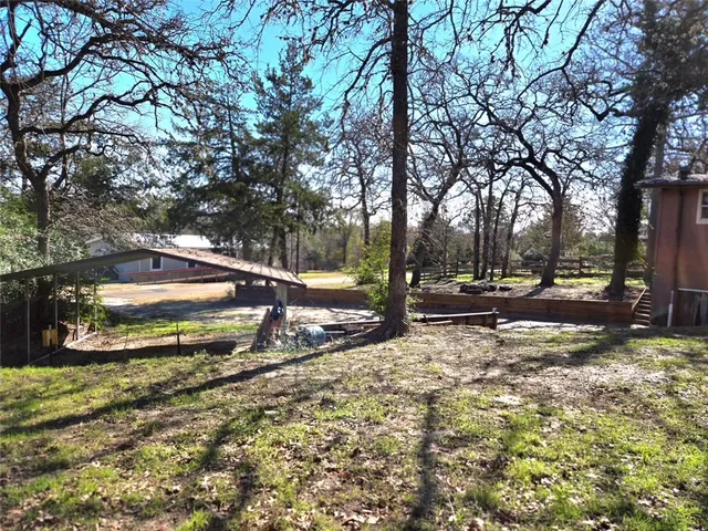 a view of a park with large trees
