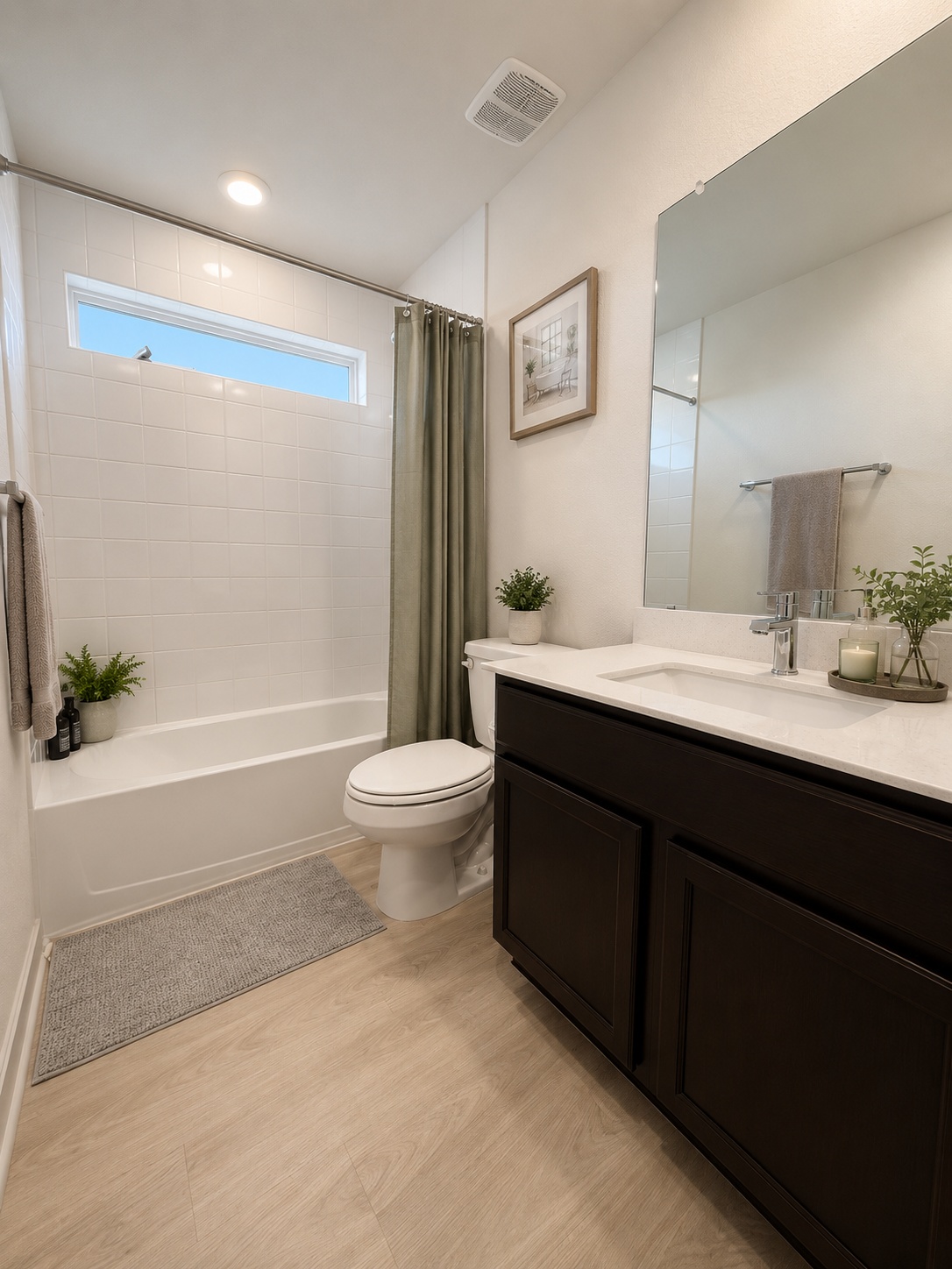 10924 Meris Lane Austin, TX 78754 - Photo 18 of 20 Full bathroom featuring a single vanity with dark wood cabinetry, white countertop, and integrated sink