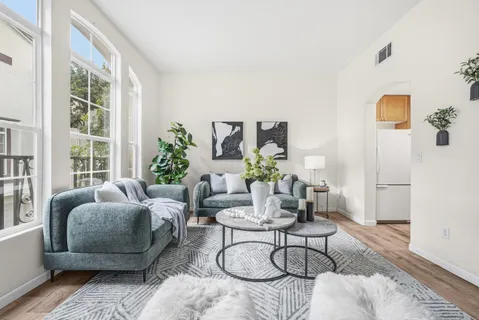 a living room with furniture and a potted plant