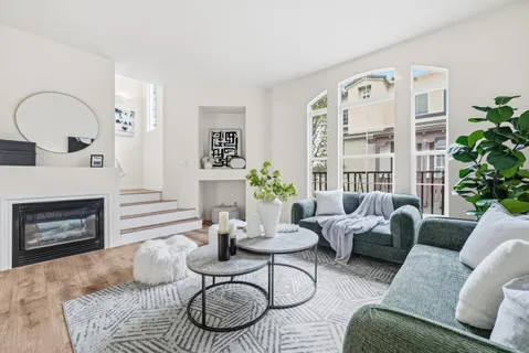 a living room with furniture potted plant and a fireplace