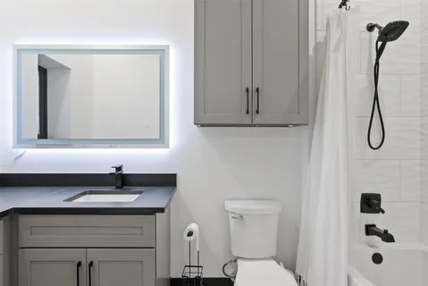 a bathroom with a sink a toilet and mirror