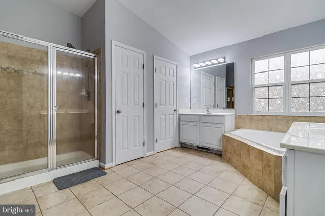 a bathroom with a tub sink and mirror