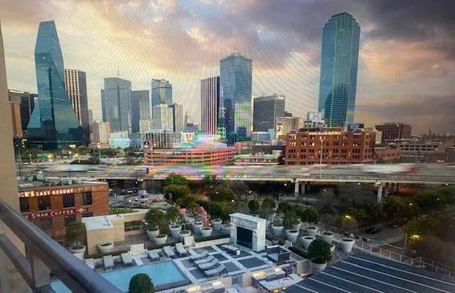 a city view with tall buildings