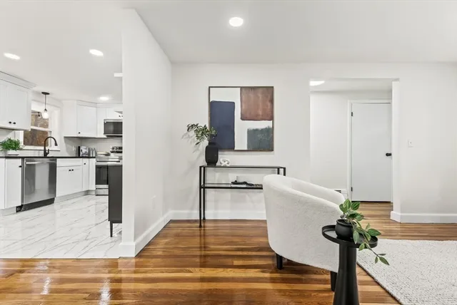 a view of a kitchen and kitchen counter top space