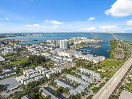 an aerial view of an buildings and street