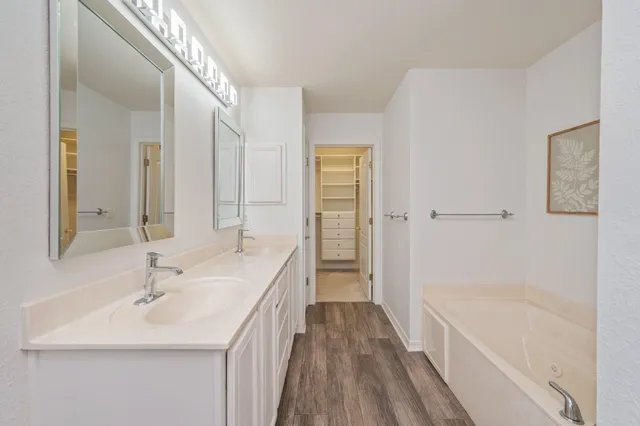 a bathroom with a sink a mirror and a bathtub